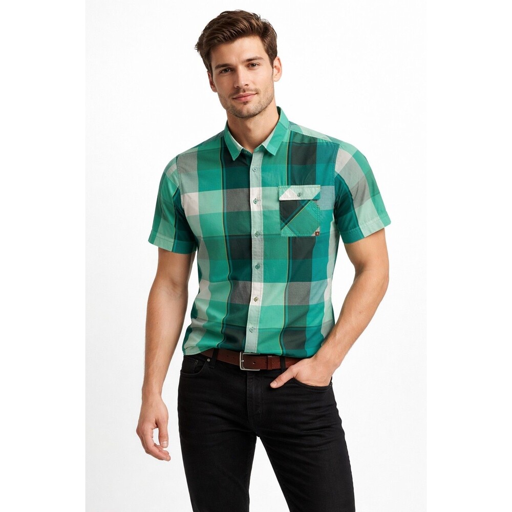 Always Push Forward Preppy Aqua Plaid Shirt Size XL Short Sleeve Cowboy Farm